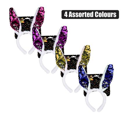 Sparkling sequined bunny ear headbands in assorted colours, perfect for Easter celebrations.